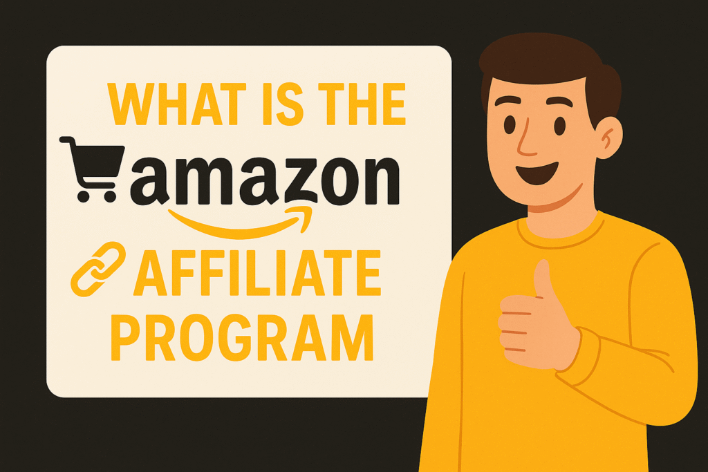 Illustration of a smiling man giving a thumbs up beside a sign that says "What is the Amazon Affiliate Program" with icons representing shopping and affiliate links.